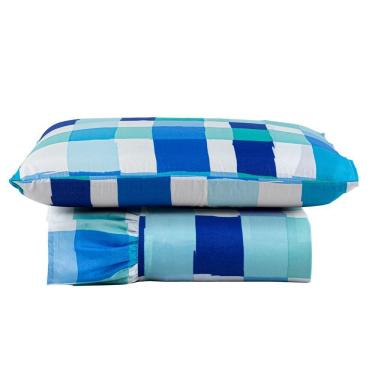 Imagem de Kit Cobre Leito Colcha Turin Solteiro Estampada C/ Babado 400 Fios 2 Peças Xadrez Quadriculado Azul