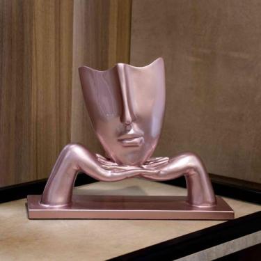 Imagem de Escultura Decorativa Máscara Com Base Em Cerâmica Rosa Metal 30cm B02 
