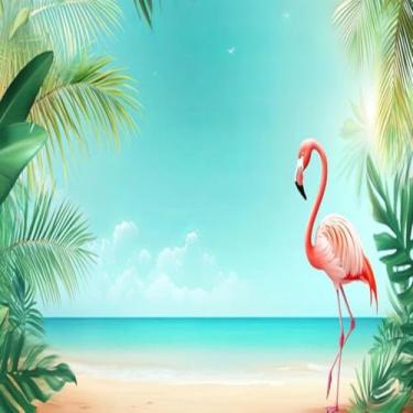 Imagem de Quadro Decorativo Flamingo em Pé Cena de Praia Tropical Arte Moderna para Sala e Quarto 30x30cm