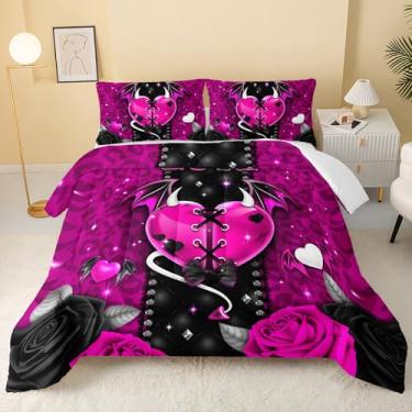 Imagem de QOOMO Jogo de cama solteiro com estampa de flores e leopardo rosa, para decoração de quarto de meninos, meninas e adolescentes, macio e leve para todas as estações, 1 edredom e 2 fronhas