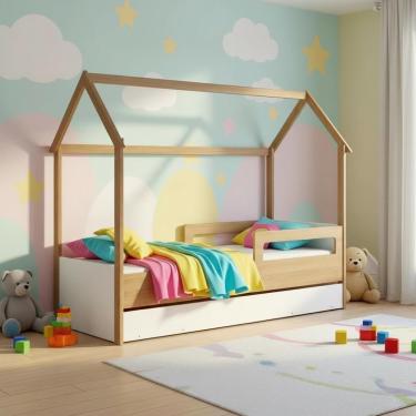 Imagem de Cama Infantil Montessoriana Com 2 Colchões Casinha Auxiliar - Aveiro/branco