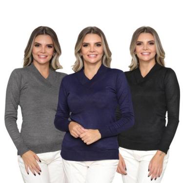Imagem de Kit 3 Blusas Feminina Sueter Tricô Macio Gola V Manga Longa Inverno - 