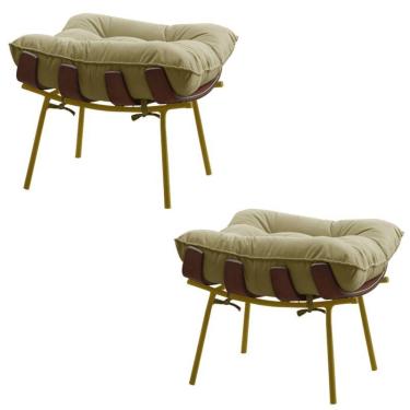 Imagem de Kit 2 Puffs Sala Abel Base de Madeira Dourada Veludo Bege