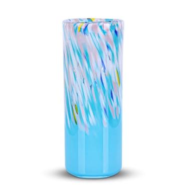 Imagem de Vaso azul de 24 cm de altura, vaso de vidro soprado à mão, verde, azul moderno, centros de mesa, vasos de boca larga para decoração de botões e flores – ideal para sala de estar, cozinha, casamento