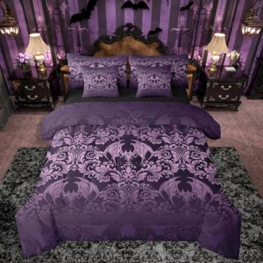Imagem de Feelyou Conjunto de cama com estampa de damasco gótico para adultos, roxo, morcego, vitoriano, floral, 7 peças, boêmio, exótico, cama em uma bolsa