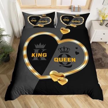 Imagem de Erosebridal Conjunto de capa de edredom com coroa de rei e rainha, romântico, dourado, branco, coração amoroso, conjunto de cama de casal cinza e preto, conjunto de cama de casamento para adultos