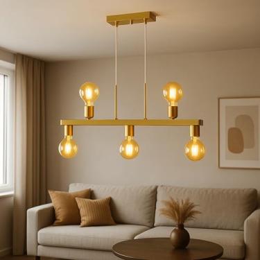 Imagem de Luminária de Teto Lustre Pendente Tugson 5 Lâmpadas Industrial (Estilo Jabuticaba) (Verniz Ouro)