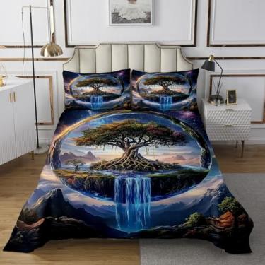 Imagem de Conjunto de colcha árvore da vida para meninos, natureza, montanha, rio, 3 peças, conjunto de cama com glitter, galáxia universo, colcha estilo boho com 2 fronhas (tamanho Queen)