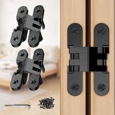 Imagem de JAXYOOM Dobradiça de porta oculta 0,75 x 3,7 polegadas – 2 peças invisíveis resistentes para portas de madeira, dobradiças de armários ocultos de liga de 180 graus para portões faça você mesmo