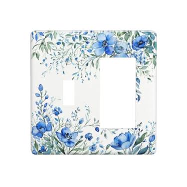 Imagem de Wmhusu Capa para interruptor de luz, flores azuis, aquarela, retrô, folhas florais, 2 gangs, comutador, conjunto de interruptores, placas decorativas e capas de tomada para decoração de banheiro e