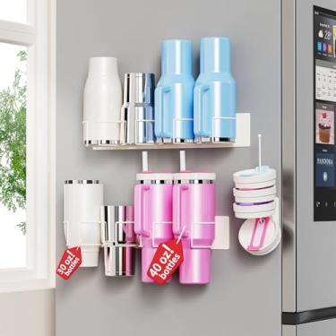 Imagem de Suporte magnético Stanley para organizador de geladeira para copos, tampas e acessórios com economia de espaço para geladeira e cozinha (fileira dupla branca, 8 copos + suporte de tampa)