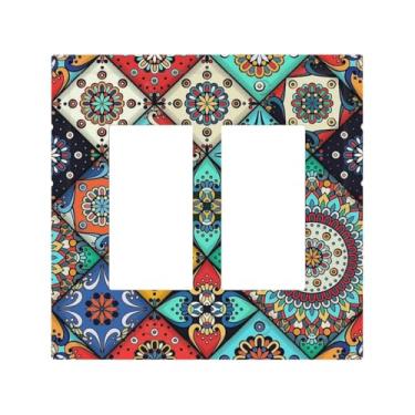 Imagem de Nadoabtm Capas decorativas para tomadas coloridas Talavera Flower Mandala Floral 2 Gang Double GFCI Rocker Painéis elétricos de parede placa de cobertura para decoração de cozinha, sala de estar