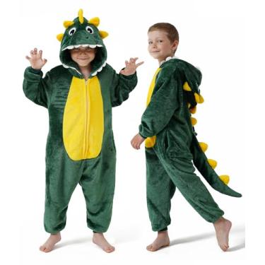 Imagem de DILUFUN Fantasia infantil de dinossauro para meninos e meninas, pijama de uma peça, macacão de animal engraçado de Halloween, cosplay para dormir, dinossauro DG 9-10 anos