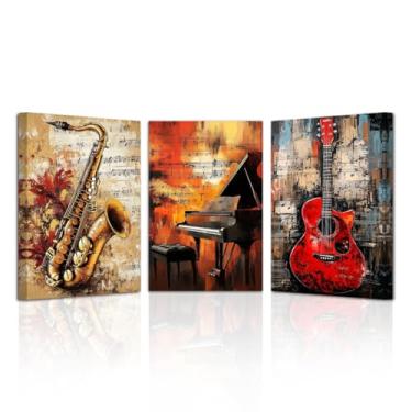 Imagem de LZIMU Arte de parede de música vintage decoração de parede de estúdio de música emoldurada 3 peças de guitarra piano saxofone imagens jazz impressões em tela pintura instrumentos musicais (28 x 3