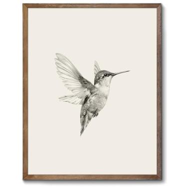 Imagem de XOCUUI Impressões de arte de parede vintage, decoração de casa de fazenda, tela de esboço de beija-flor, pintura de esboço de pássaro preto e branco, imagens de arte vintage neutra para decoração de