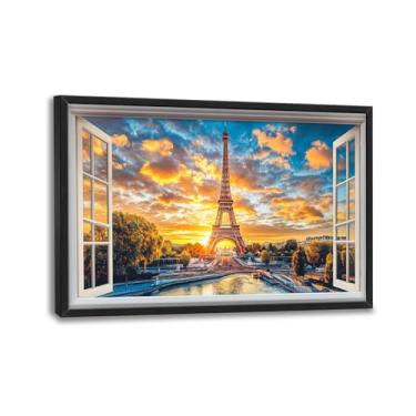 Imagem de Arte de parede da Torre Eiffel, janela Paris City Pictures decoração de parede, pintura em tela de paisagem urbana do pôr do sol da Torre Eiffel, grande arte emoldurada moderna para sala de estar