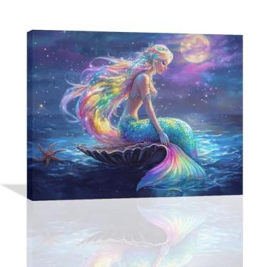 Imagem de Trimety Sereia arte de parede sereia decoração de parede noite lua tela cartaz imagens placas decorações para casa impressão pintura arte para meninas quarto banheiro quarto sala de estar cozinha 50,8