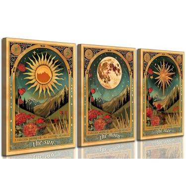 Imagem de 3 peças de arte de parede em tela de tarô, sol, lua e estrela, astrologia mística, pinturas celestiais, imagens, decoração de parede, pôster impresso, arte para quarto, sala de estar, dormitório