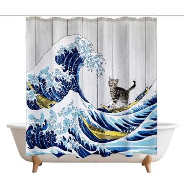 Imagem de XMWYTJ Cortinas de chuveiro ondas japonesas grandes gato surfe porta celeiro decoração tecido poliéster impermeável conjunto de cortinas de banheiro com 12 ganchos, 71 x 71 polegadas