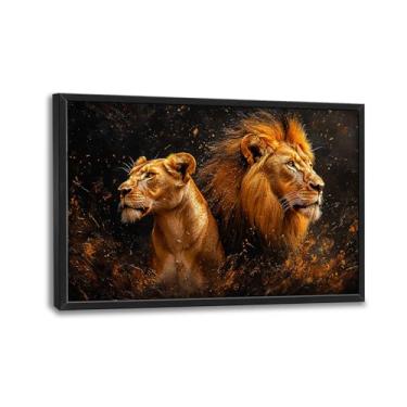 Imagem de Grande arte abstrata de parede emoldurada de leão rei e rainha decoração de parede em tela imagens de animais africanos impressão pintura arte moderna decorações de casa para sala de estar quarto