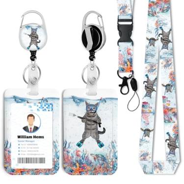 Imagem de Porta-crachá de identificação de gato de mergulho engraçado com cordão breakaway e carretel retrátil resistente - chaveiro mosquetão giratório de 360° para mulheres, estudantes, professores