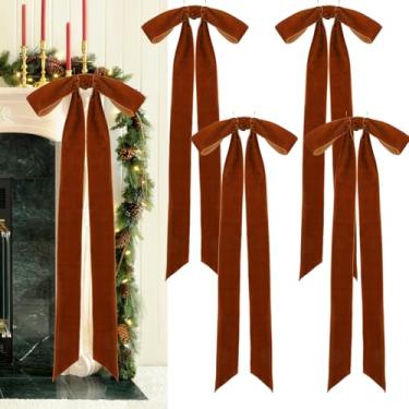Imagem de 8 peças de laços de Natal de veludo marrom, 50 x 21 cm, laços de fita de veludo extra grande com cauda longa, laços rústicos para árvore de Natal, guirlanda, escada, lareira, decoração de Natal para