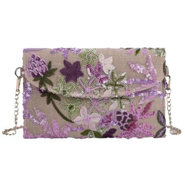 Imagem de Bolsa feminina de ombro bordada de lantejoulas com corrente floral para o verão, bolsa tiracolo para noite, Roxa, 14.37 x 0.39 x 6.69 inches, Bolsas transversais