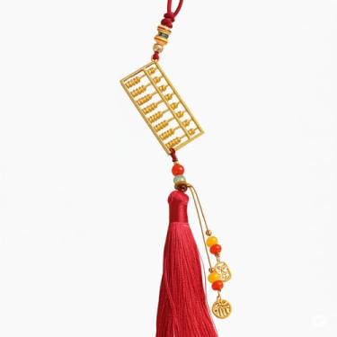 Imagem de Chiorgone Amuleto de carro de Ábaco em tom dourado chinês - Borla vermelha e amuleto Ping an (Paz), ornamento para pendurar no espelho retrovisor Feng Shui para riqueza e boa sorte