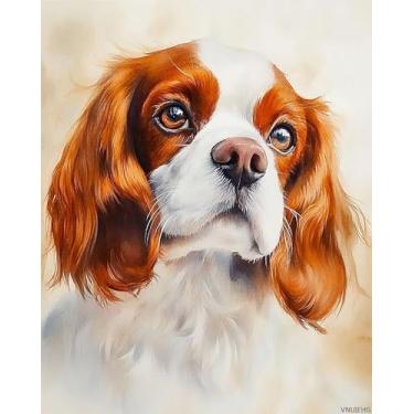 Imagem de VNUIEHG Tinta por número para adultos iniciantes, pintura a óleo Cavalier King Charles Spaniel, kit de pintura de cachorro fofo por números, adequado para decoração de parede de casa 40,6 cm L x 50,8