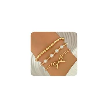 Imagem de Conjunto de pulseiras com laço vintage de pérolas douradas para mulheres, pulseira delicada com contas de pérola e corrente de fita, acessórios de joias de aniversário personalizados, presentes, Large