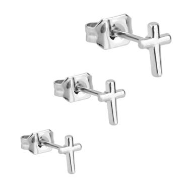 Imagem de 3 Brincos de Cruz, 3 Tamanhos Requintados com Base Plana para Piercing na Cartilagem e Hélice para Mulher (Prata)
