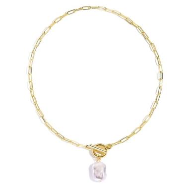 Imagem de Colar de pérolas de ouro grosso para mulheres, colar com pingente de pérola barroca, vintage, colar de corrente grossa, fecho de botão, joias presentes, one size, Cobre, Sem Pedra Preciosa