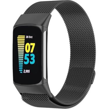 Imagem de PANDA BOBO Pulseira de malha de metal para Fitbit Charge 6/Charge 5, alça de substituição ajustável Milanese Loop (preto)
