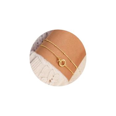 Imagem de Turandoss Pulseiras de ouro femininas – Pulseiras delicadas banhadas a ouro 14K com círculos interligados para mulheres, pulseira de círculos de zircônia cúbica entrelaçada em camadas, presentes de