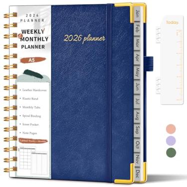 Imagem de Agenda A5 2026, agenda semanal e mensal de janeiro de 2026 a dezembro de 2026, agenda horária de couro de capa dura de 14,6 cm x 21,3 cm com abas, agenda diária em espiral para escola, trabalho, casa