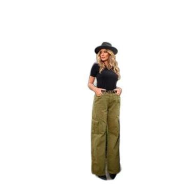 Imagem de CALÇA SARJA WIDE LEG FEMININA CINTURA ALTA BOLSOS CARGO 21389 34 VERDE MILITAR UNICA-Feminino