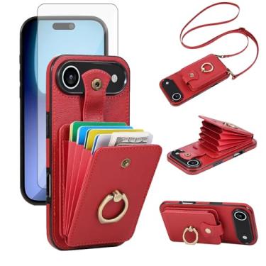 Imagem de Asuwish Capa de celular para iPhone 17 Air de 6,6 polegadas com protetor de tela de vidro temperado e alça transversal anel suporte RFID para cartão de crédito i Phone17 i17 17Air feminino meninas