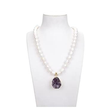 Imagem de Acessórios de moda Joias Cultivadas Arroz Branco Colar Pérola Ametista Pingente Drusa 56 cm