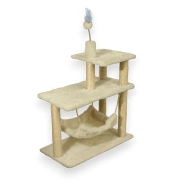 Imagem de Arranhador Para Gatos Casa E Playground Torre Bases Com Rede Grande, Bolinha E Penas (CREME)