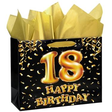 Imagem de WRAPAHOLIC Sacos de presente de aniversário de 18 cm com papel de seda de 33 cm - Sacos de papel com design dourado preto para festa de aniversário