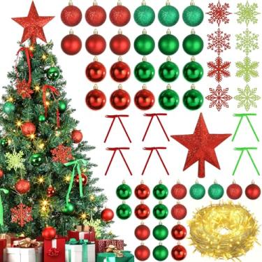 Imagem de Conjunto de 86 peças de decoração de árvore de Natal, vermelho e verde, luz LED, 100 luzes de LED, topo de estrelas, com cordão de luzes, bolas de Natal, flocos de neve, ornamentos de arcos, decoração