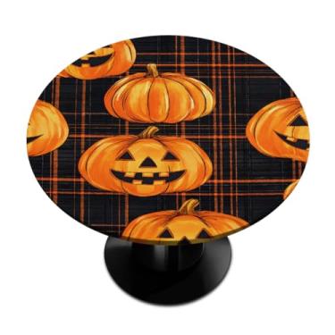 Imagem de hongjinglin Toalha de mesa redonda com borda elástica abóbora de Halloween bonita toalha de mesa redonda limpa para ambientes internos e externos, pátio, jantar, cozinha, festival, decoração para