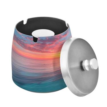 Imagem de Blueangle Lindo cinzeiro colorido do nascer do sol com tampa para cigarros, à prova de vento/à prova de chuva, aço inoxidável, sem fumaça, inodoro, cinzeiro para uso interno ou externo (599)