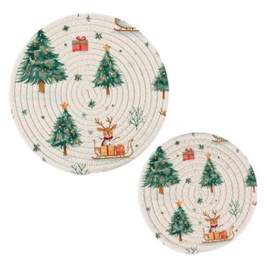 Imagem de Blueangle 2 peças de suporte de panela de trivet de floresta de Natal - conjunto de pegadores de panela de tecido redondo - almofadas quentes trançadas de algodão - porta-copos - tapetes de mesa para