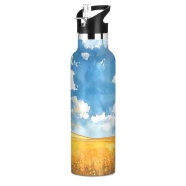 Imagem de Blueangle Garrafa de água de 590 ml com canudo - Garrafa de água esportiva de aço inoxidável sem BPA, design de campo amarelo à prova de vazamento para academia, atividades ao ar livre, escritório e