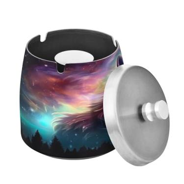 Imagem de Blueangle Cinzeiro de lobo Aurora Boreal com tampa para cigarros, à prova de vento/chuva, aço inoxidável, sem fumaça, inodoro, cinzeiro para uso interno ou externo (152)