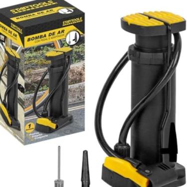Imagem de Bomba de Ar Manual com Pedal, Estrutura em Ferro e Plástico, Preto e Amarelo, 17,5x8x6,5cm, 2 Bicos Adaptadores, para Bolas e Infláveis