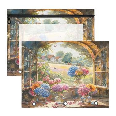 Imagem de SEHANY Pasta de lápis de flores de jardim com 3 anéis – Bolsa para documentos tamanho A4 com janela transparente para sala de aula, escritório, 2 peças