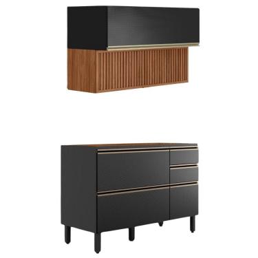 Imagem de Balcão Pia E Armário Aéreo 120 Cm Ripado Proença Nogueira Carbono Prime Demartez