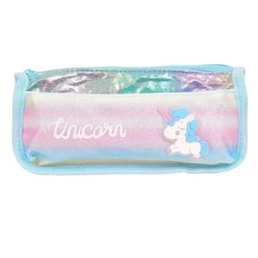 Imagem de Estojo Escolar Unicórnio Holográfico, Duplo Compartimento | Duas divisórias, 20x6x9cm, Brilhante com Glitter, (VERDE)